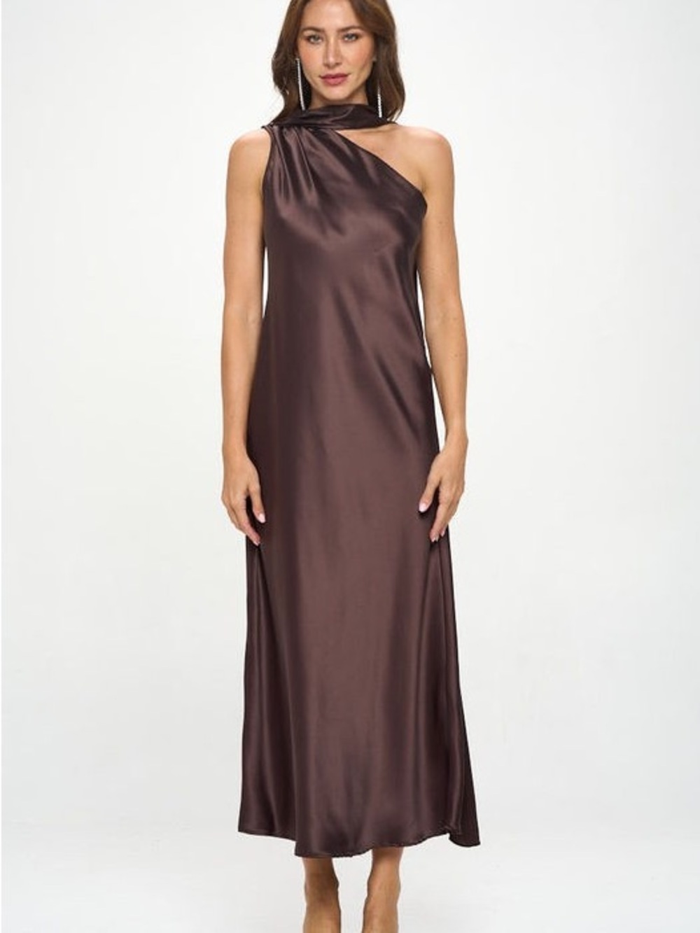 Renee C. Chocolate Brown One-Shoulder Satin Maxi Dress (NWT)